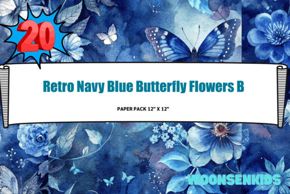 Download New Retro Navy Blue Butterfly Flowers Background Watercolor Png Kdp Digital Paper - Navy Collection