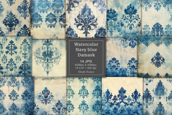 Download Vintage Navy Blue Damask Digital Paper - Navy Collection